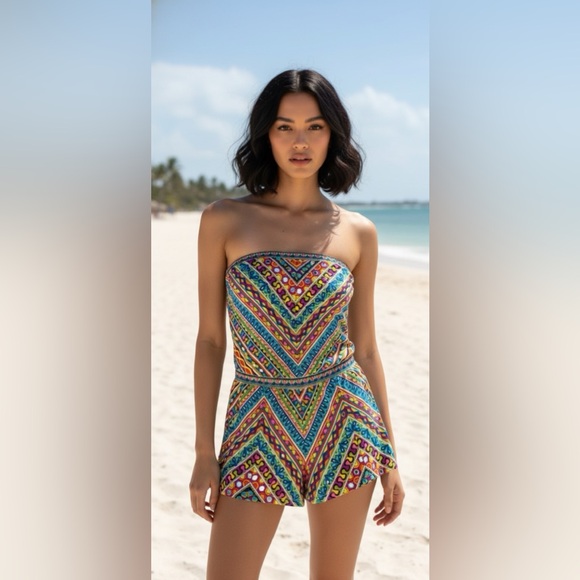 Trina Turk Other - Trina Turk Peruvian Stripe Swimsuit Romper Cover Up Multicolor Halter Top Size M